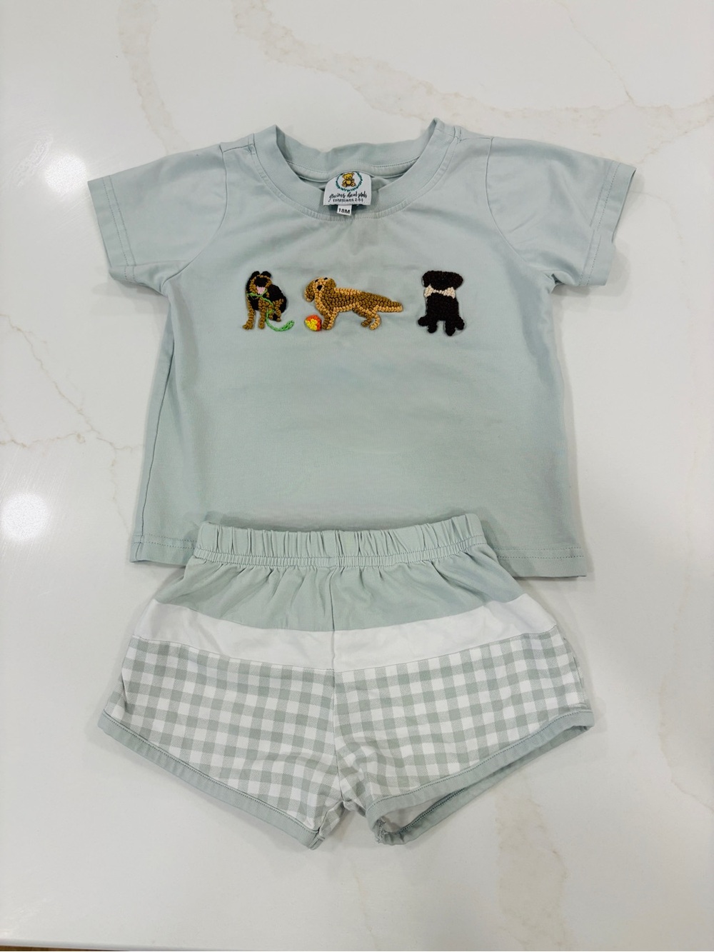 Gracious Bear Smocks French Knot Dog Light Green Kids Shorts and Tee Set 18mo